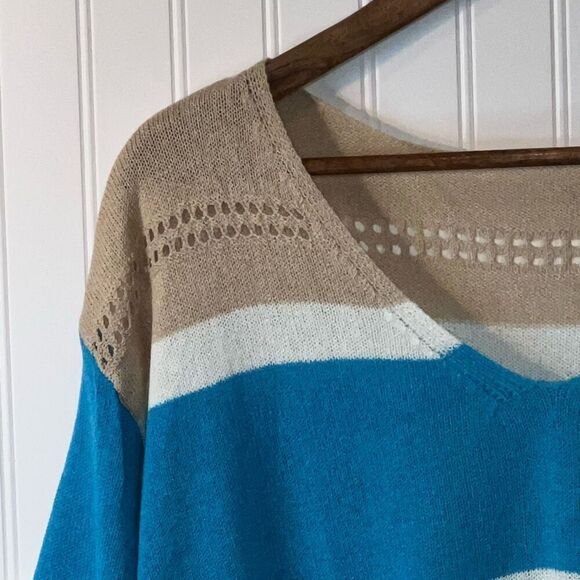 Striped Sweater Womens Large Blue And White Cottage Core Loose Casual Knit Top - Picture 2 of 12